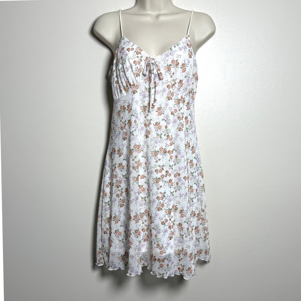 No Comment‎ Womens Floral Mesh Mini Dress M White Lavender Red Y2K Babydoll